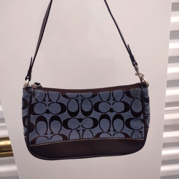 COACH Signature Demi Shoulder Bag in Blue and Chocolate Brown. - Picture 2 of 10
